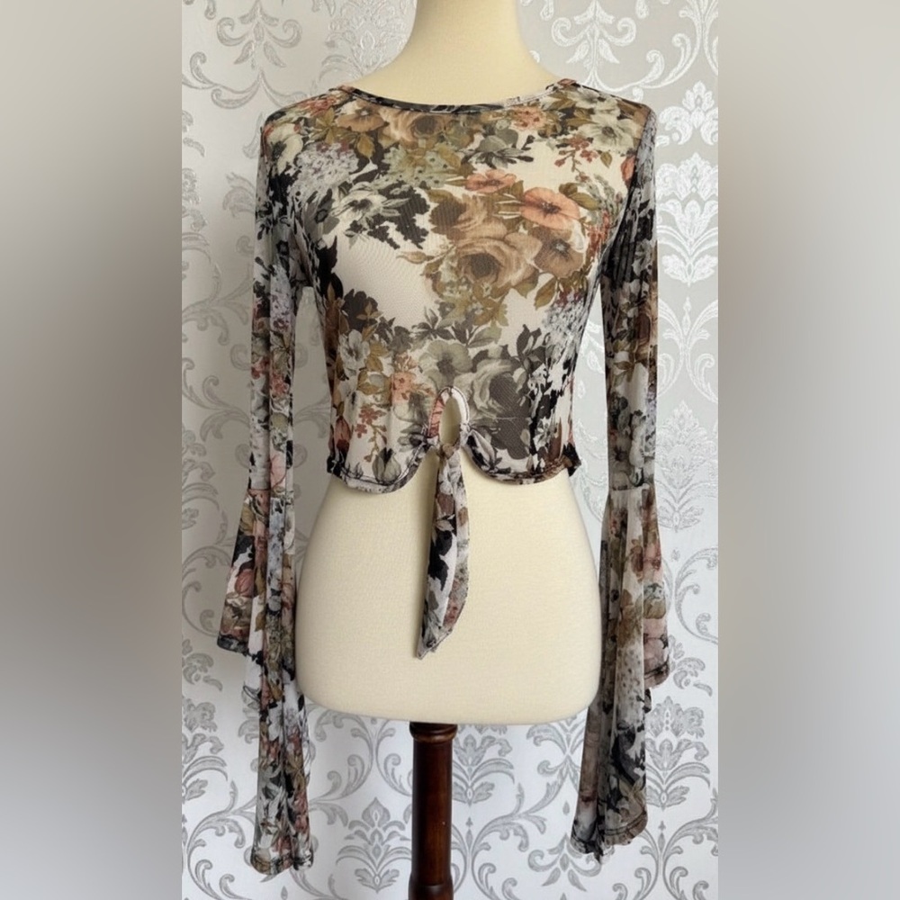 Objex Sheer Whimsical Fairy Y2K Earthy Floral Sheer Long Bell Sleeves Medium